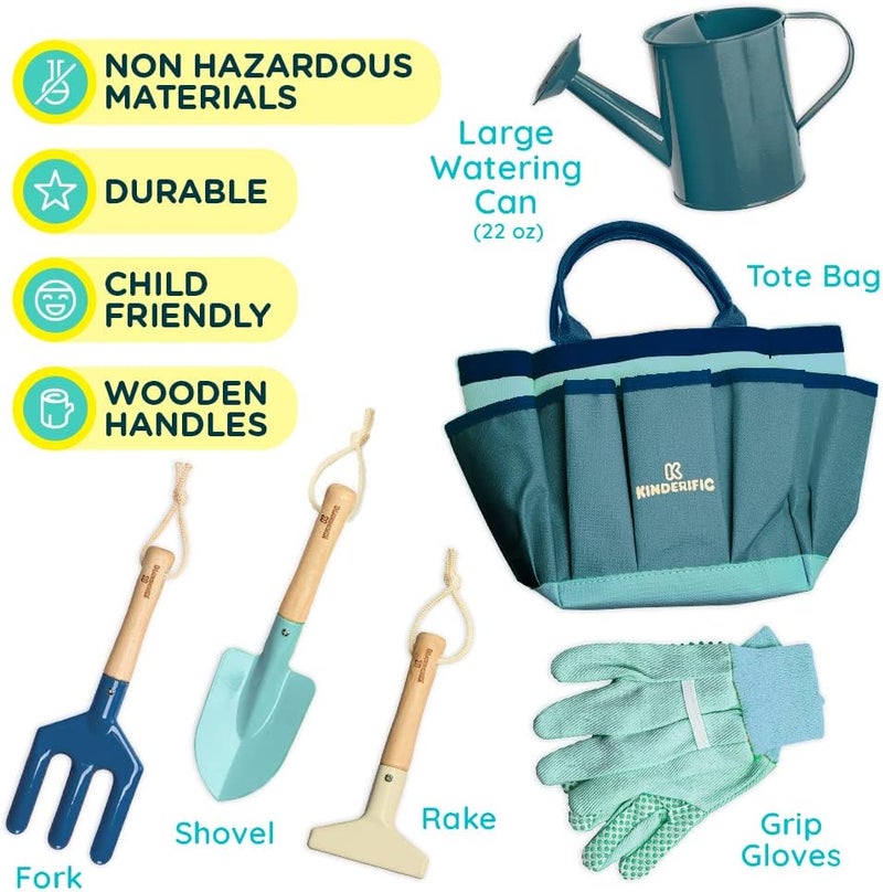 Kinderific Gardening Set, Tool Kit, for Kids, STEM, Includes Tote Bag, Spade, Watering Can, Rake, Fork, Trowel and Gloves (Ocean Blue) - Image 3